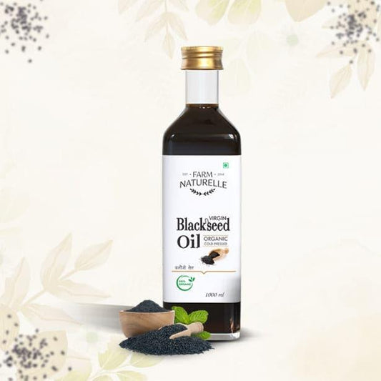 100% pure and organic black seed oil from Farm Naturelle, offering natural health benefits for skin, hair, and immunity.
