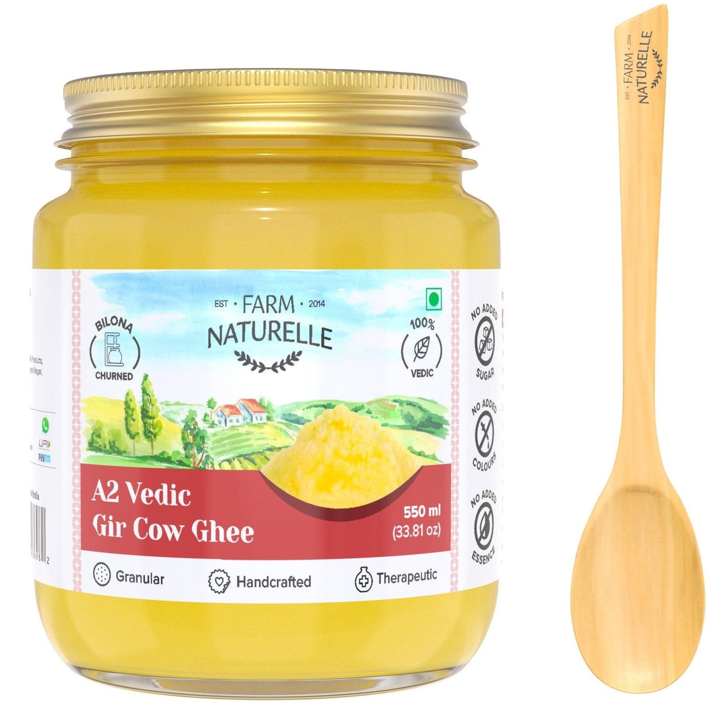 A2 Desi Cow Ghee from Grass Fed Gir Cows | Vedic Bilona Method-Curd Churned-Golden | Grainy & Aromatic, Keto Friendly | Non-GMO, and A Wooden Spoon - Farm Naturelle