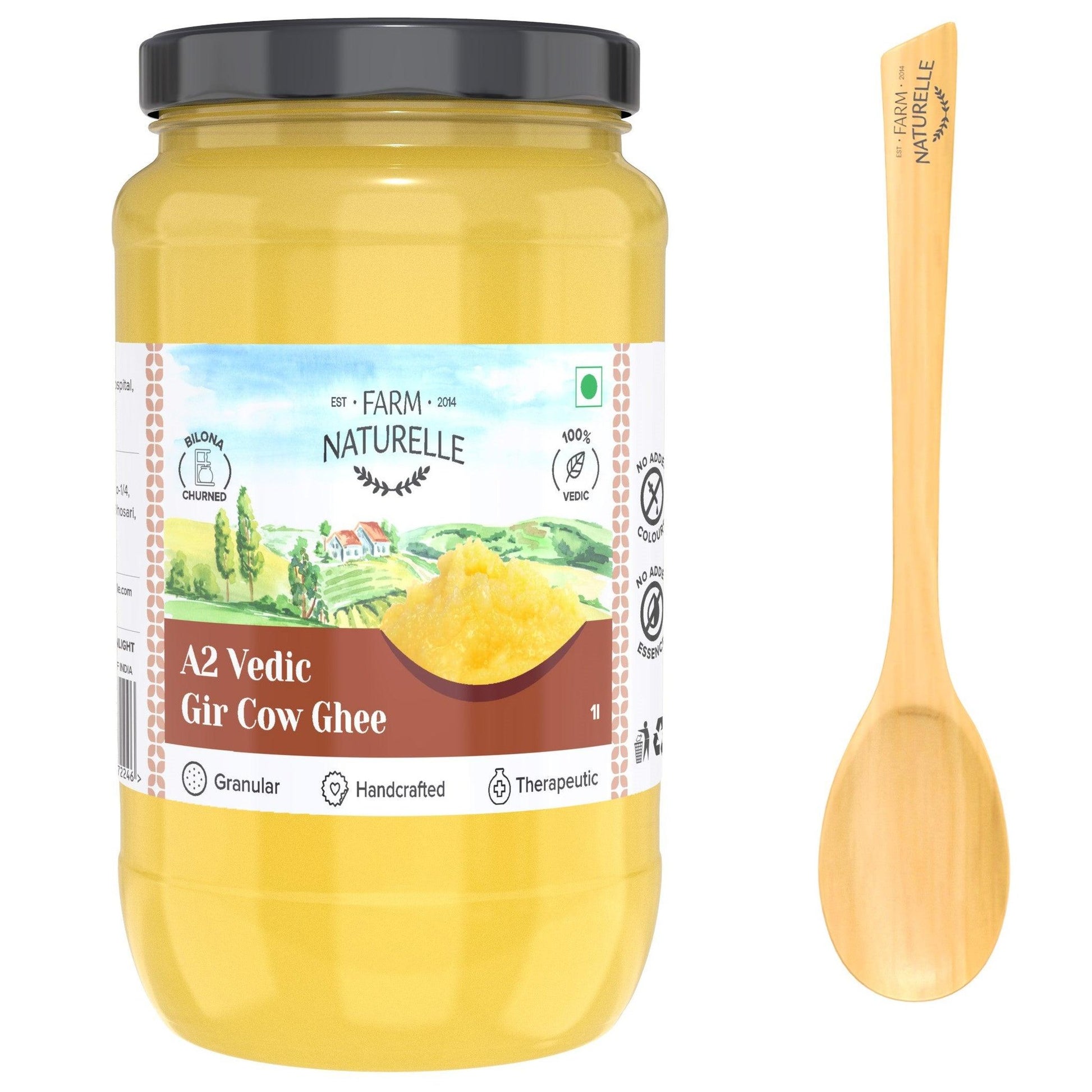 A2 Desi Cow Ghee from Grass Fed Gir Cows | Vedic Bilona Method-Curd Churned-Golden | Grainy & Aromatic, Keto Friendly | Non-GMO, and A Wooden Spoon - Farm Naturelle
