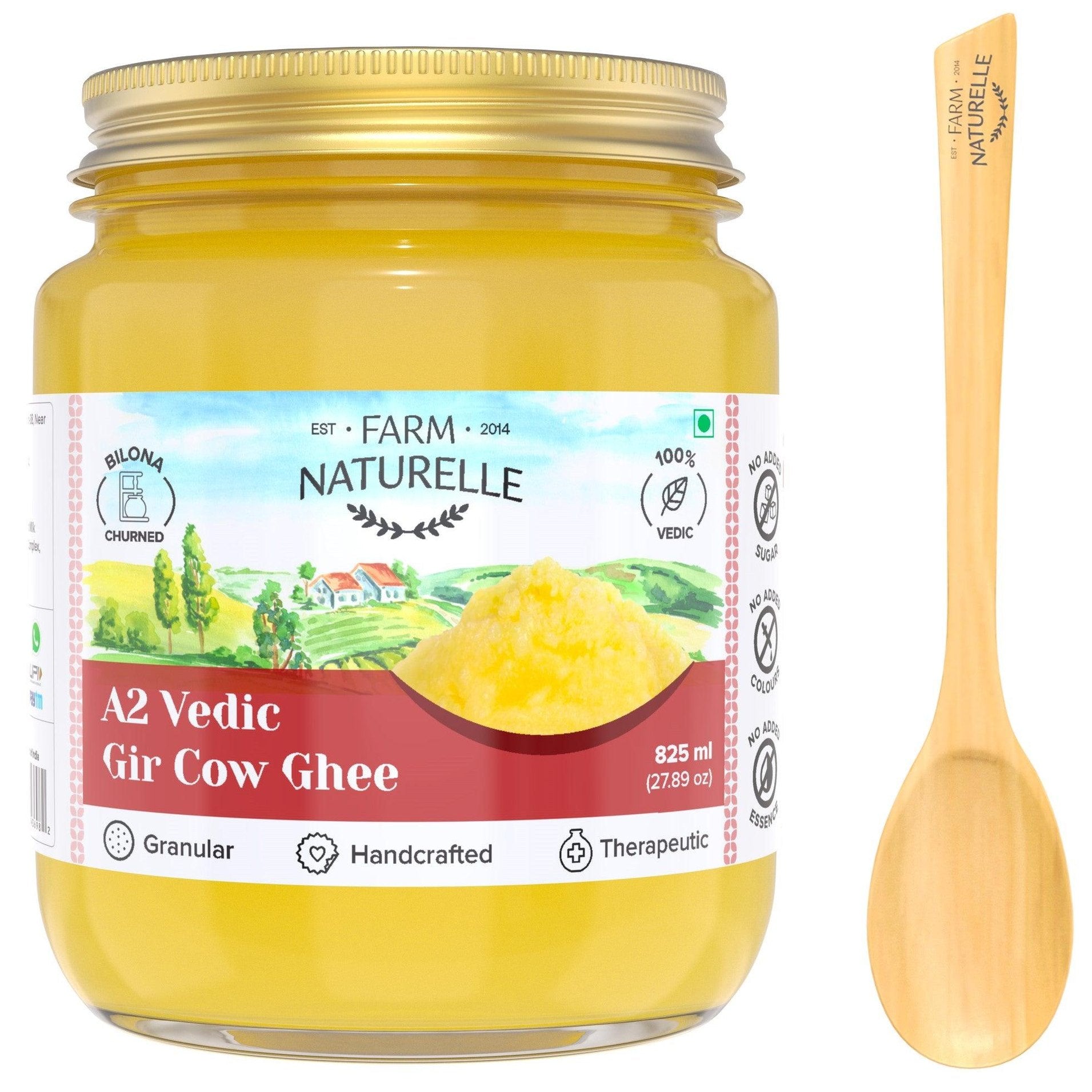 A2 Desi Cow Ghee from Grass Fed Gir Cows | Vedic Bilona Method-Curd Churned-Golden | Grainy & Aromatic, Keto Friendly | Non-GMO, and A Wooden Spoon - Farm Naturelle