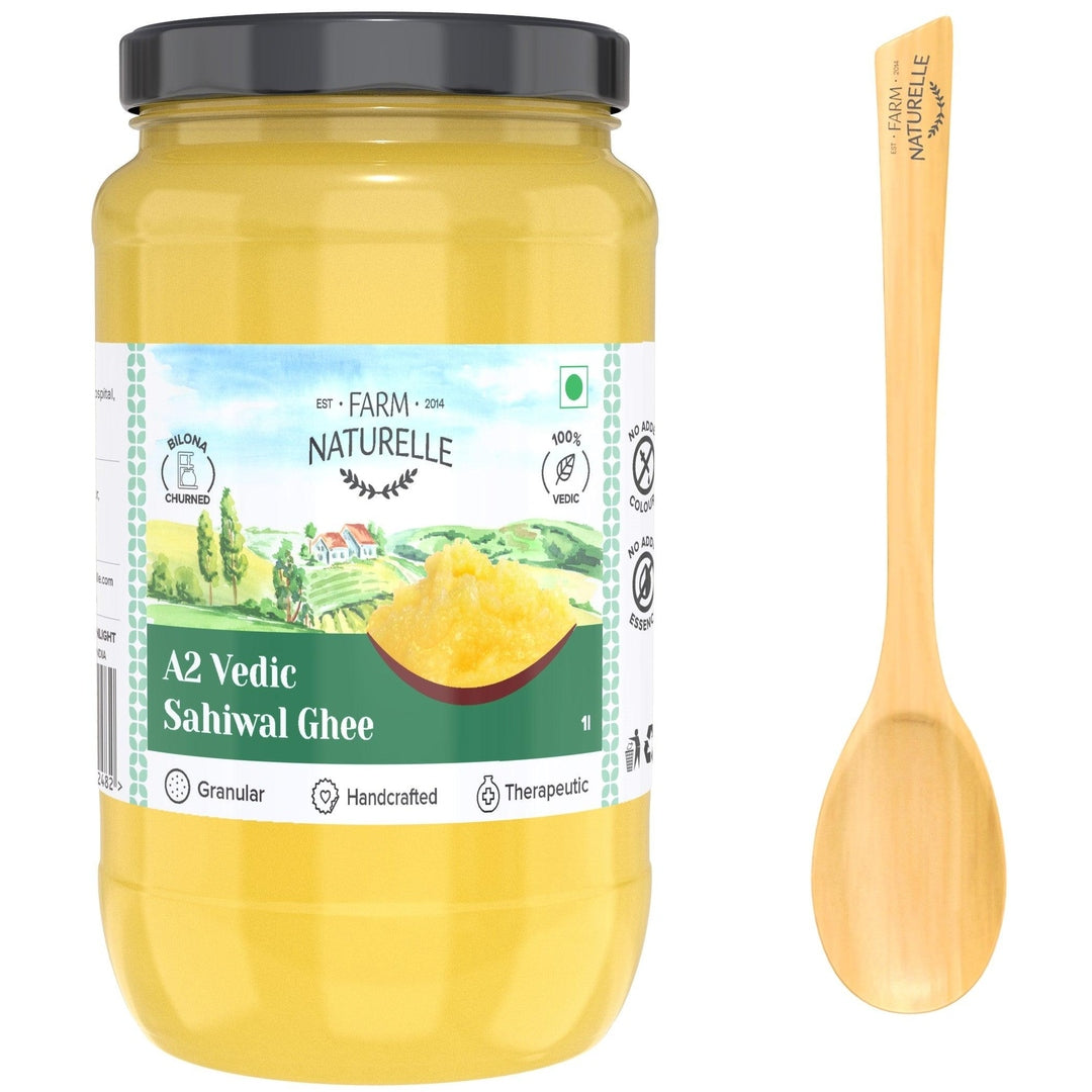 A2 Desi Ghee Cow from Grass Fed Sahiwal Cows | Vedic Bilona method-Curd Churned-Golden |Grainy & Aromatic, Keto Friendly, NON-GMO And A Wooden Spoon - Farm Naturelle