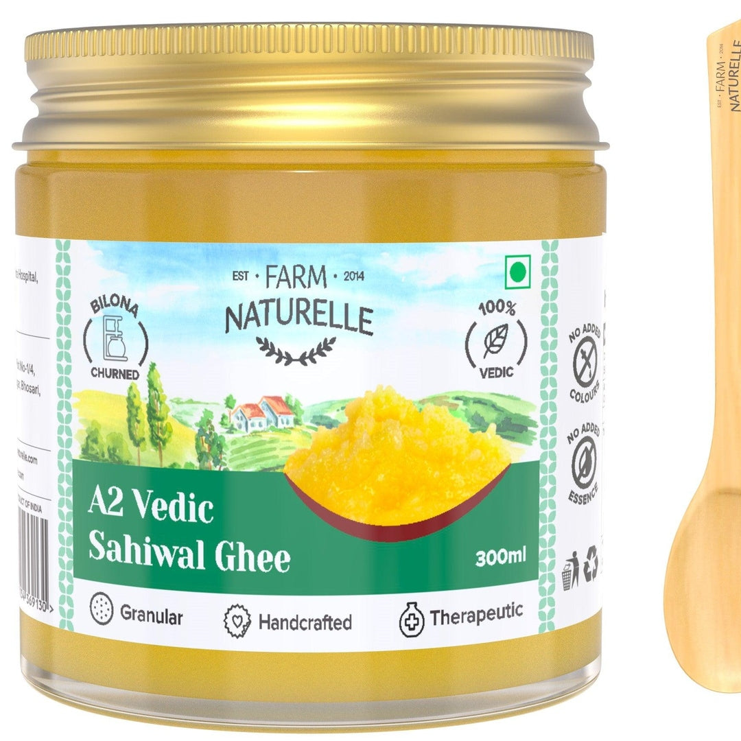 A2 Desi Ghee Cow from Grass Fed Sahiwal Cows | Vedic Bilona method-Curd Churned-Golden |Grainy & Aromatic, Keto Friendly, NON-GMO And A Wooden Spoon - Farm Naturelle