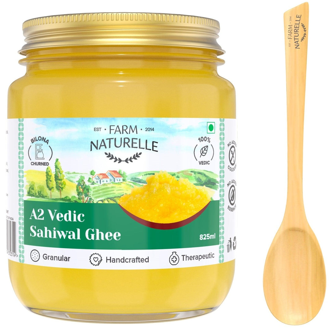 A2 Desi Ghee Cow from Grass Fed Sahiwal Cows | Vedic Bilona method-Curd Churned-Golden |Grainy & Aromatic, Keto Friendly, NON-GMO And A Wooden Spoon - Farm Naturelle