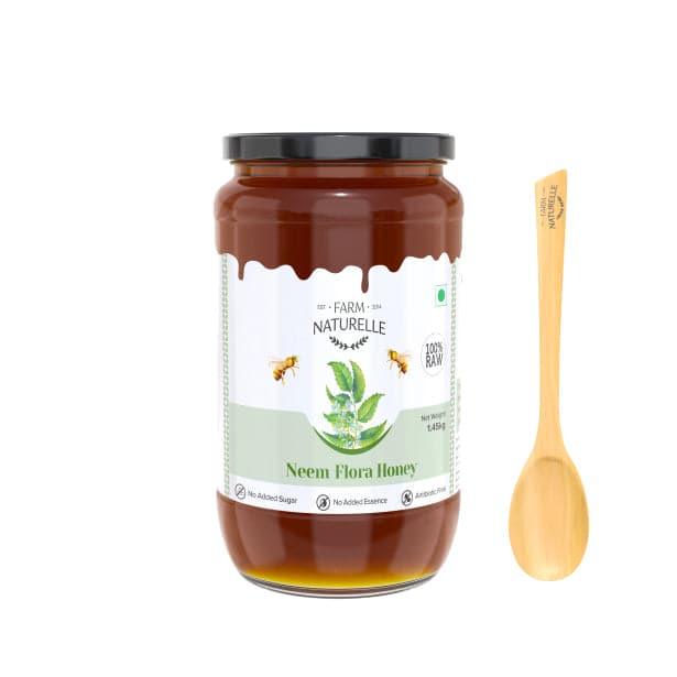 Neem Forest Flower Honey| and a wooden Spoon | 100% Pure Honey, Raw Natural Unprocessed Honey | Glass Bottle-Neem Honey - Farm Naturelle 