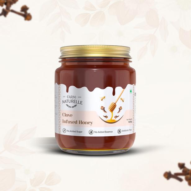 Clove Infused Wild Forest Honey |And a Wooden Spoon| 100% Pure, Raw Natural - Un-processed - Un-heated Honey | Lab Tested Clove Honey - Farm Naturelle 