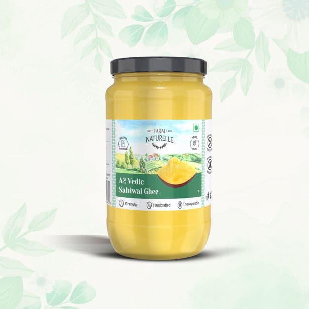 A2 Desi Ghee Cow from Grass Fed Sahiwal Cows | Vedic Bilona method-Curd Churned-Golden |Grainy & Aromatic, Keto Friendly, NON-GMO And A Wooden Spoon - Farm Naturelle 