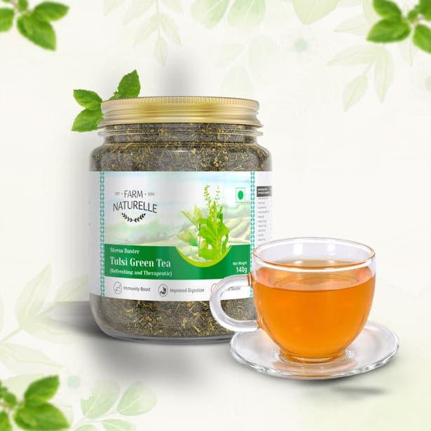 Tulsi Green Tea - Acts as Immunity Booster and Anti Inflammatory | Natural Ingredient Infused - Not Artificially Flavoured | Long Leaf Loose Tea - Farm Naturelle 