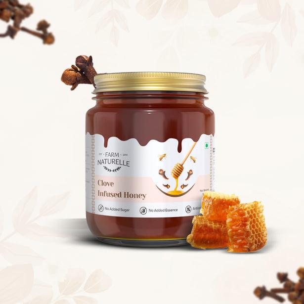 Clove Infused Wild Forest Honey |And a Wooden Spoon| 100% Pure, Raw Natural - Un-processed - Un-heated Honey | Lab Tested Clove Honey - Farm Naturelle 