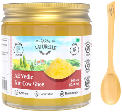 A2 Desi Cow Ghee from Grass Fed Gir Cows | Vedic Bilona Method-Curd Churned-Golden | Grainy & Aromatic, Keto Friendly | Non-GMO, and A Wooden Spoon - Farm Naturelle 