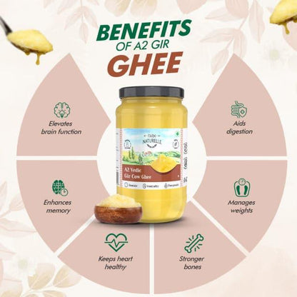 A2 Desi Cow Ghee from Grass Fed Gir Cows | Vedic Bilona Method-Curd Churned-Golden | Grainy & Aromatic, Keto Friendly | Non-GMO, and A Wooden Spoon - Farm Naturelle 