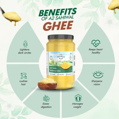 A2 Desi Ghee Cow from Grass Fed Sahiwal Cows | Vedic Bilona method-Curd Churned-Golden |Grainy & Aromatic, Keto Friendly, NON-GMO And A Wooden Spoon - Farm Naturelle 