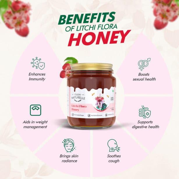 Litchi Flower Wild Forest Honey |Extra and a Wooden Spoon | 100% Pure Natural Honey, Raw Natural Un-Processed - Un-Heated Honey | Lab Tested Litchi Honey - Farm Naturelle 