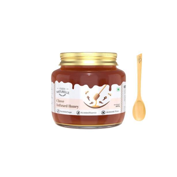 Clove Infused Wild Forest Honey |And a Wooden Spoon| 100% Pure, Raw Natural - Un-processed - Un-heated Honey | Lab Tested Clove Honey - Farm Naturelle 