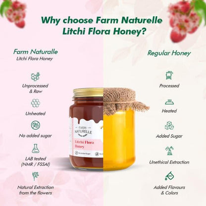 Litchi Flower Wild Forest Honey |Extra and a Wooden Spoon | 100% Pure Natural Honey, Raw Natural Un-Processed - Un-Heated Honey | Lab Tested Litchi Honey - Farm Naturelle 