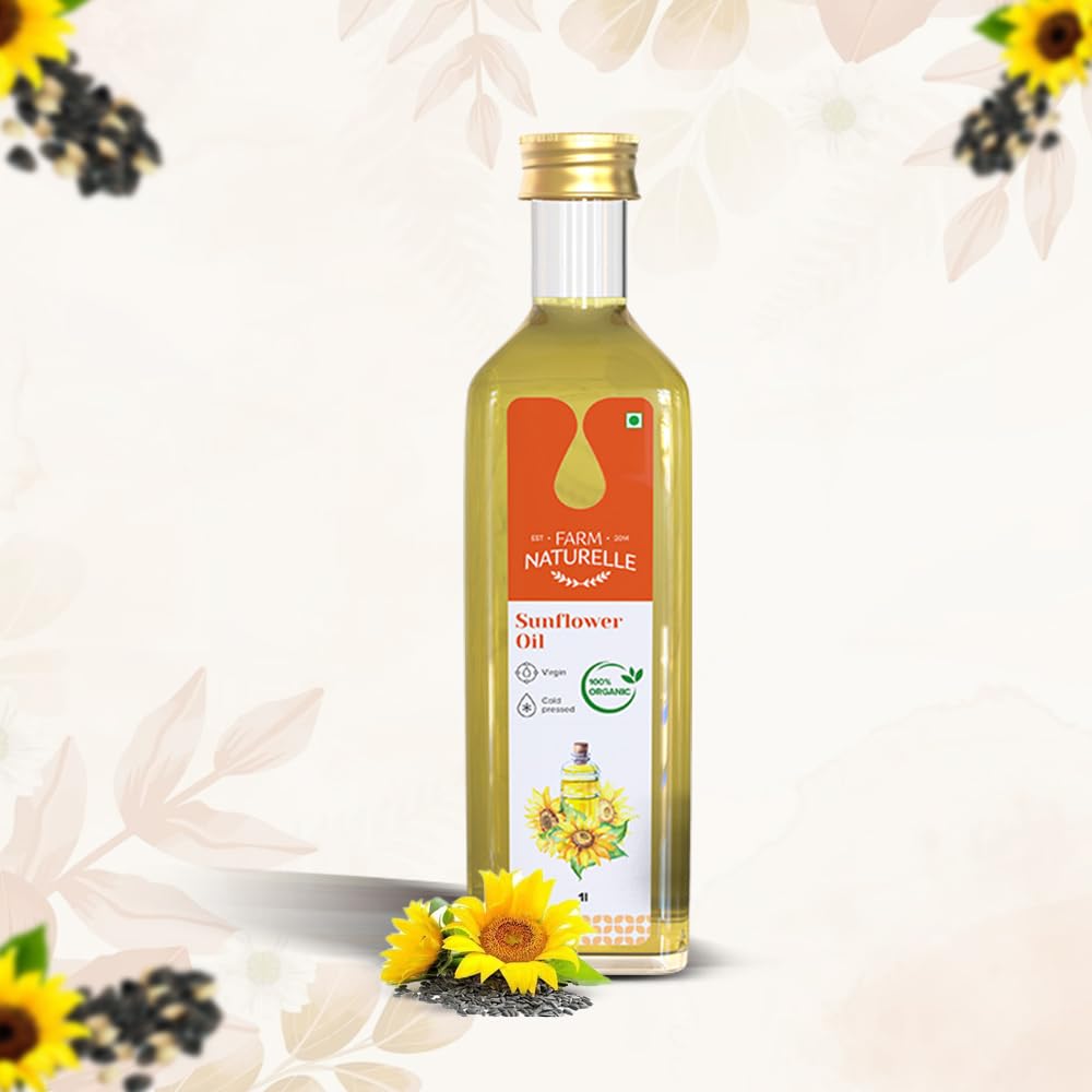 Farm Naturelle Cold Pressed Sunflower Oil 5L | Kolhu/Chekku | Extracted on Wooden Churner | Healthy Cooking Oil | Chemical-Free | Sunflower Oil for Cooking 5 Ltr