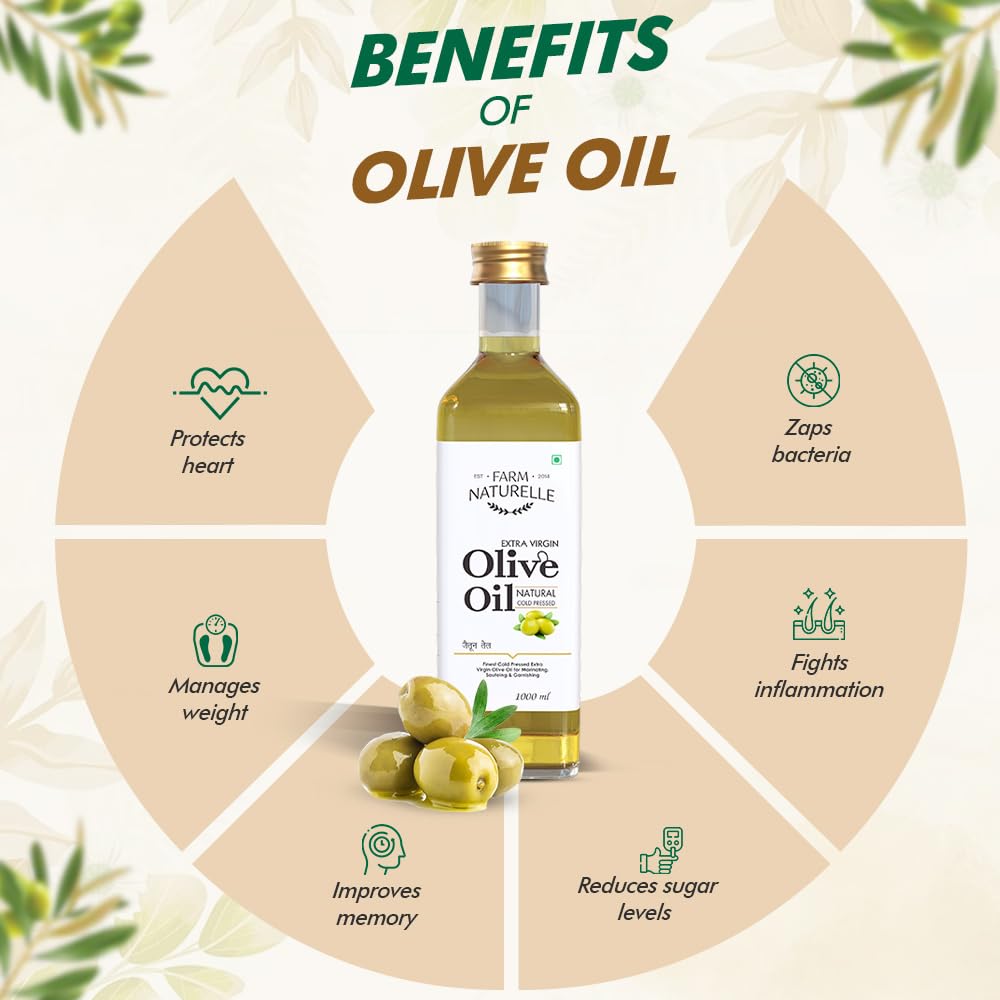 Farm Naturelle Extra Virgin Olive Oil 100% Pure, Natural Extra-Virgin Oil extracted by pressing the finest Spanish Olives (1000 Ml)