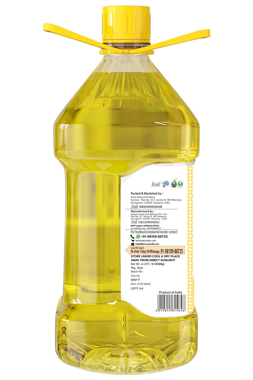 Farm Naturelle Cold Pressed Sunflower Oil 5L | Kolhu/Chekku | Extracted on Wooden Churner | Healthy Cooking Oil | Chemical-Free | Sunflower Oil for Cooking 5 Ltr