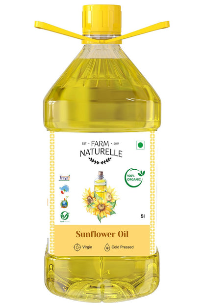 Farm Naturelle Cold Pressed Sunflower Oil 5L | Kolhu/Chekku | Extracted on Wooden Churner | Healthy Cooking Oil | Chemical-Free | Sunflower Oil for Cooking 5 Ltr