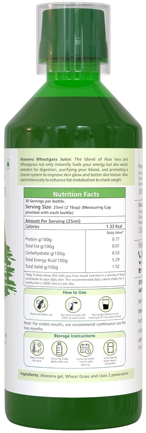 Farm Naturelle - Aloe Vera Wheatgrass Juice 750ml X 1 | Combines Aloe Vera Benefits with Wheatgrass Goodness | Supports Digestive Health | 60 Day's Pack (15 Days Pack)