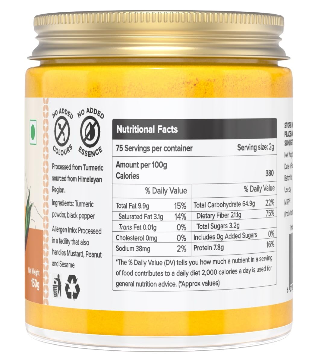 Farm Naturelle-Pure Himalayan Mountain Turmeric (Curcumin) with Black Pepper (Peperine) Powder -150g