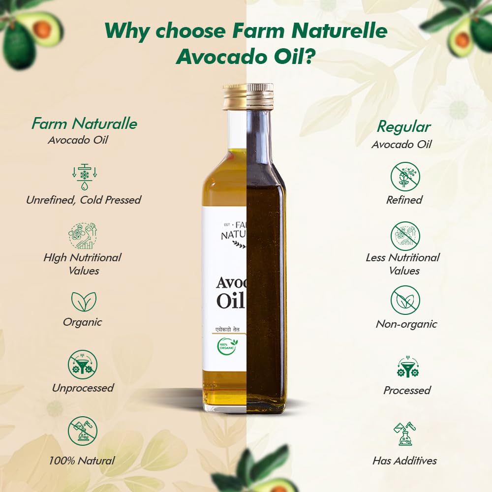 Farm Naturelle 100% Pure Extra Virgin Avocado oil is pressed from the fleshy pulp surrounding the avocado seed Fssai Approved .(500 Ml)