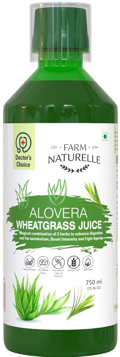 Farm Naturelle - Aloe Vera Wheatgrass Juice 750ml X 1 | Combines Aloe Vera Benefits with Wheatgrass Goodness | Supports Digestive Health | 60 Day's Pack (15 Days Pack)