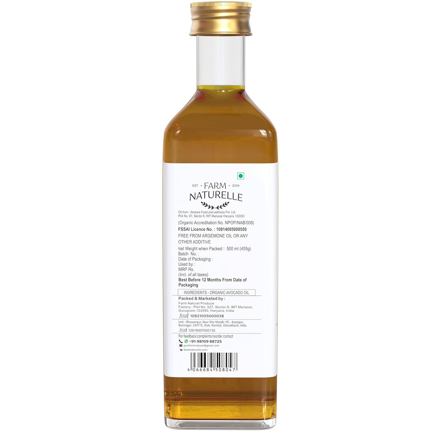 Farm Naturelle 100% Pure Extra Virgin Avocado oil is pressed from the fleshy pulp surrounding the avocado seed Fssai Approved .(500 Ml)