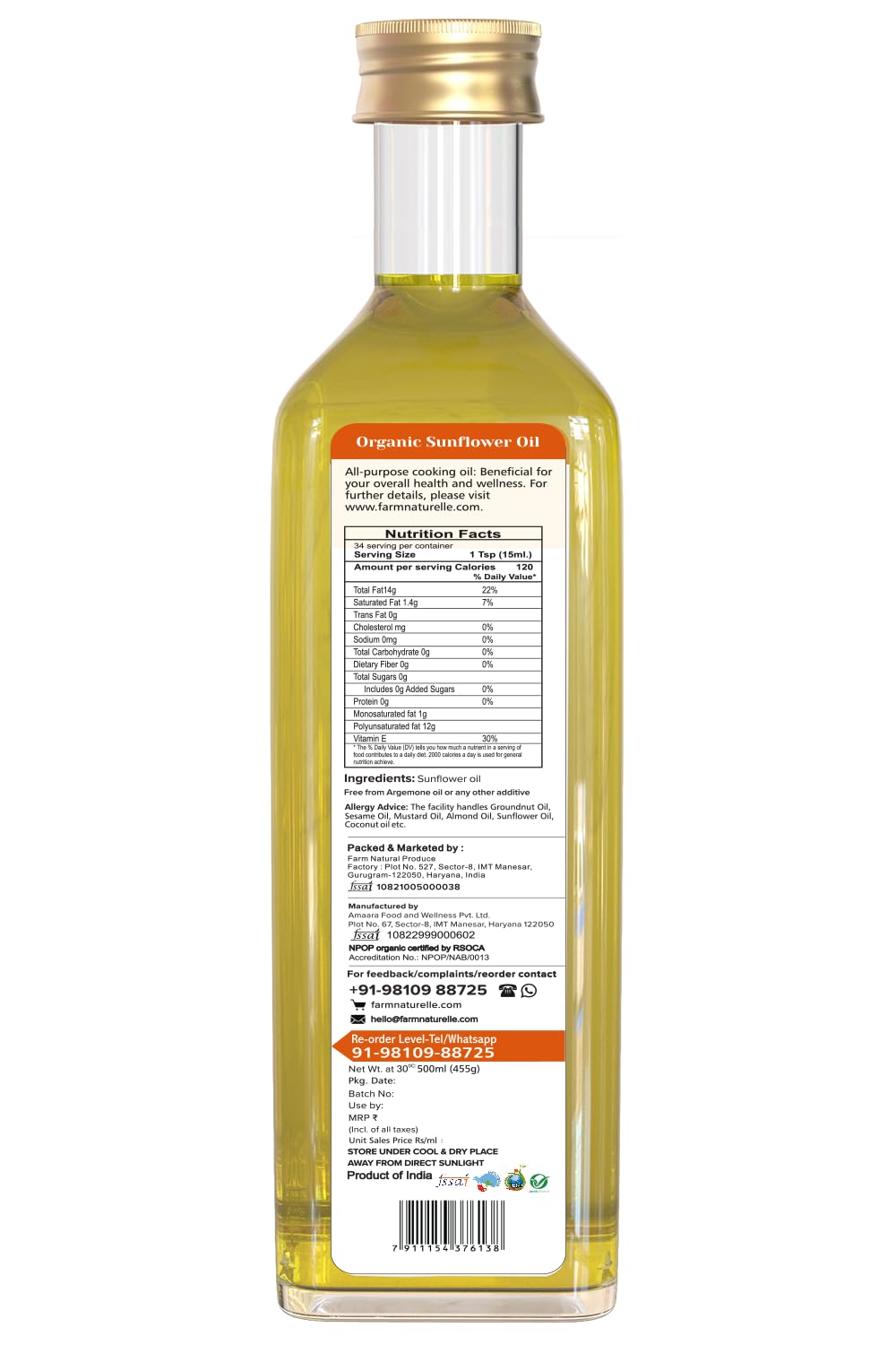 Farm Naturelle (Glass Bottles) Virgin Cold Pressed Cooking Oil-Sunflower Oil (500 Ml)