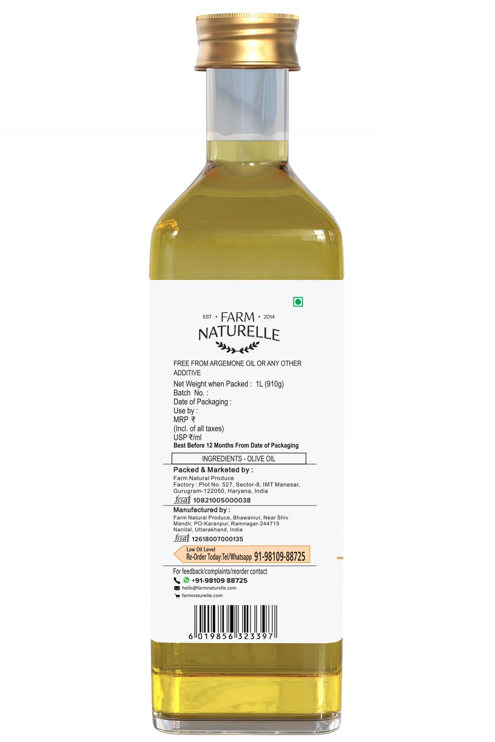 Farm Naturelle Extra Virgin Olive Oil 100% Pure, Natural Extra-Virgin Oil extracted by pressing the finest Spanish Olives (1000 Ml)