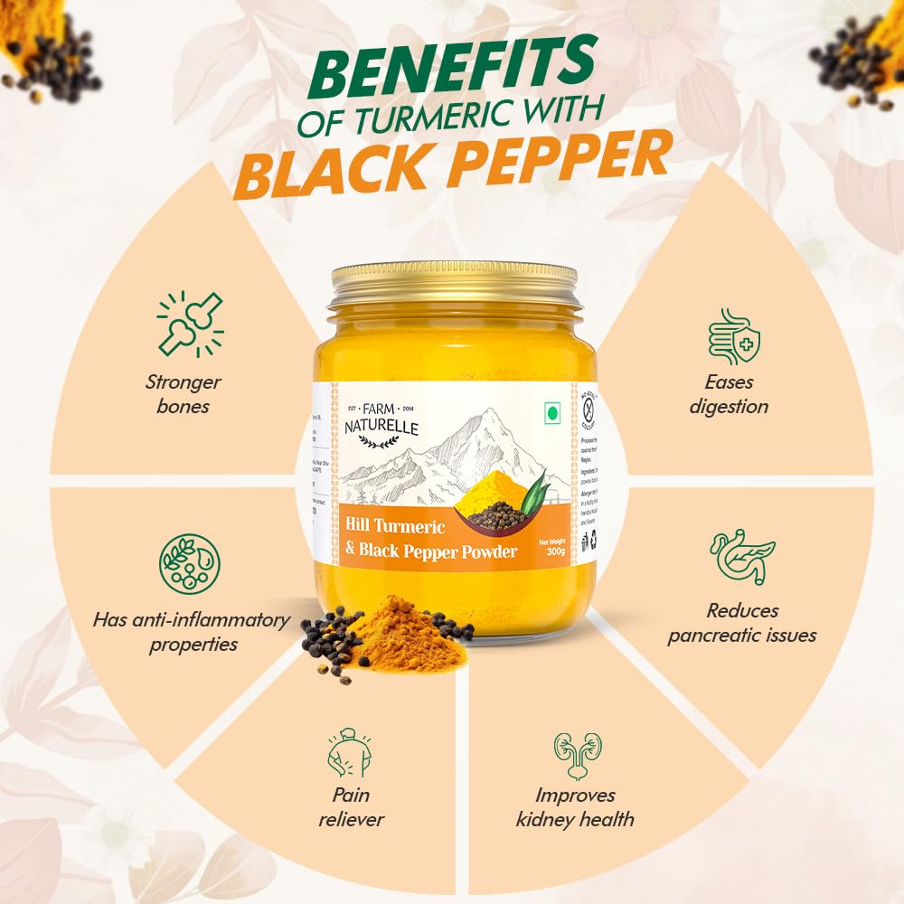 Farm Naturelle-Pure Himalayan Mountain Turmeric (Curcumin) with Black Pepper (Peperine) Powder -150g