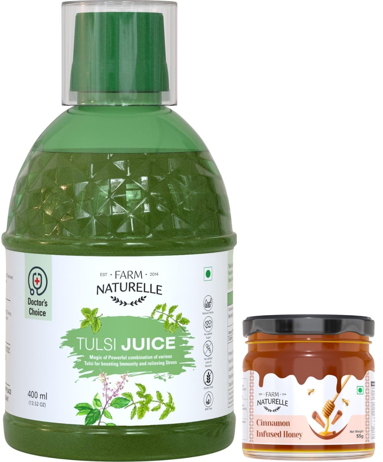 Farm Naturelle- Most Effective Tulsi Juice (400Ml)-The Finest Tulsi Juice-Herbal Basil and Cinnamon Honey 55g x 1