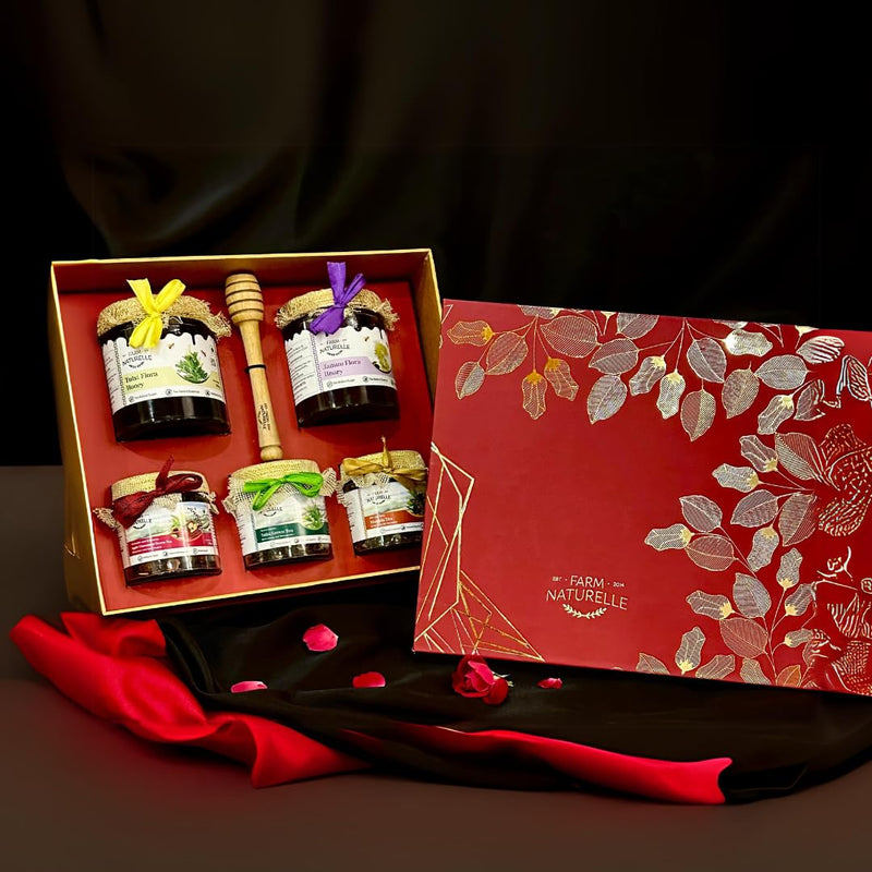 Farm Naturelle Red Foliage Gift Box with Tulsi & Jamun Honey, Apple Cinnamon Tea, Tulsi Green Tea, and Masala Tea – Premium Wellness Gift Set