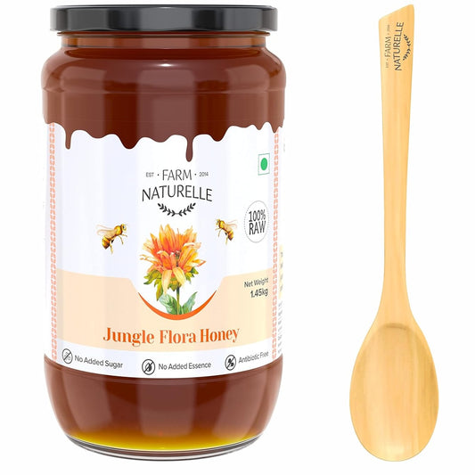 Farm Naturelle Jungle Flower Wild Forest Honey 1.45 Kg|100% Pure Honey | Raw & Unfiltered|Unprocessed|Lab Tested Honey In Glass Jar with Engraved Virgin Wooden Spoon
