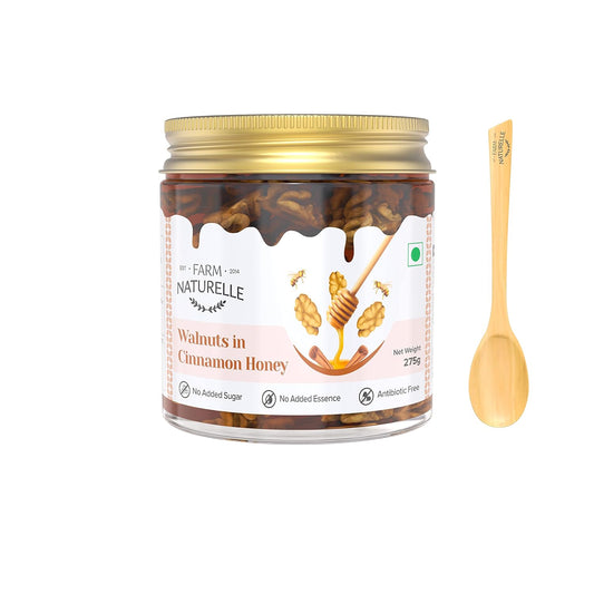 Farm Naturelle-Cinnamon infused Pure Raw Natural Forest Honey and Walnuts-250 Gms-Health Gift item Pack and a Wooden Spoon.