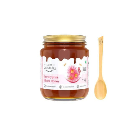 Eucalyptus Flower Wild Forest (Jungle) Honey|100% Pure Honey| Raw & Unfiltered|Unprocessed|Lab Tested Honey In Glass Jar with Engraved Virgin Wooden Spoon|Antioxidant, Anti-inflammatory Honey - Farm Naturelle 