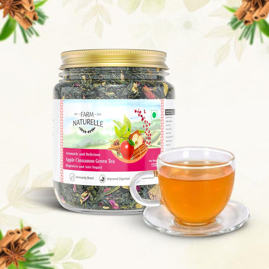  A cup of Apple Cinnamon Green Tea from Farm Naturelle, showcasing a refreshing herbal blend designed to promote relaxation and wellness.