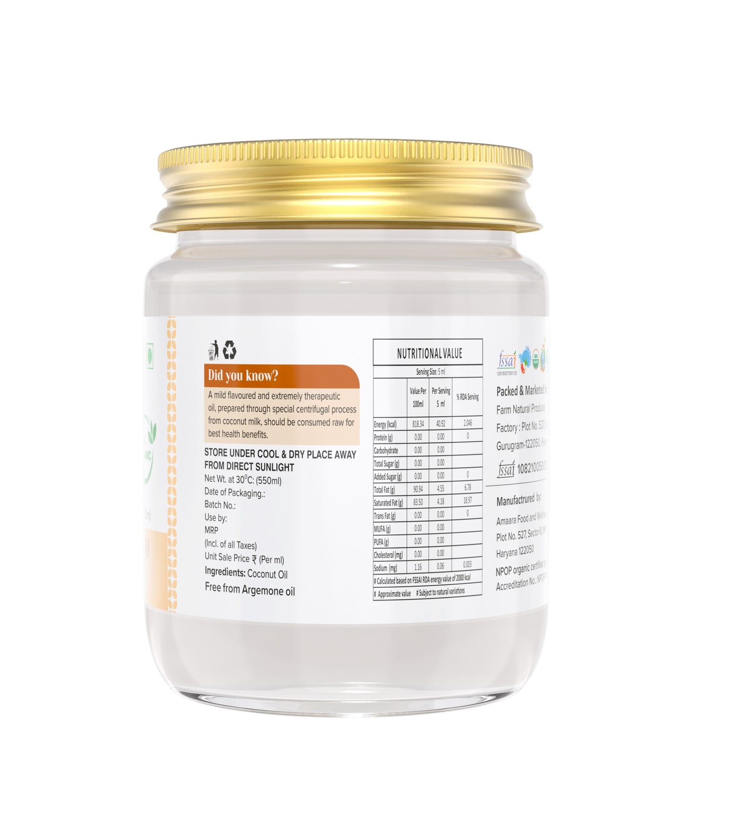 Extra Virgin Coconut Oil - Organic and Edible for Cooking