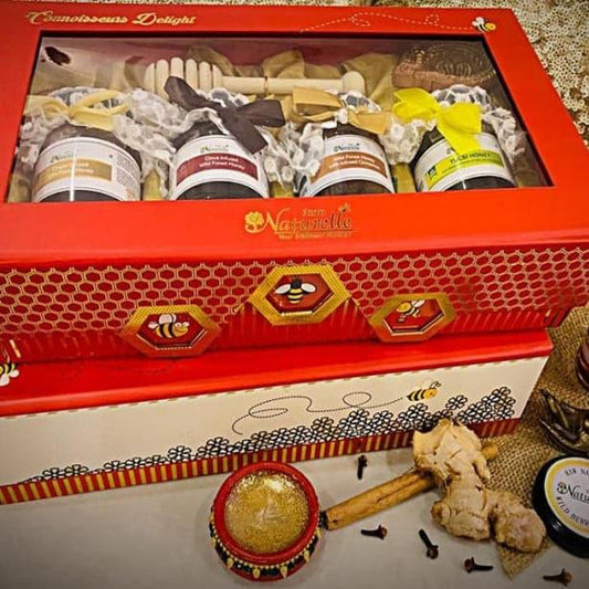 Red Box 150g x 4 - Elegant Honey Gift with Wooden Dipper | Farm Naturelle
