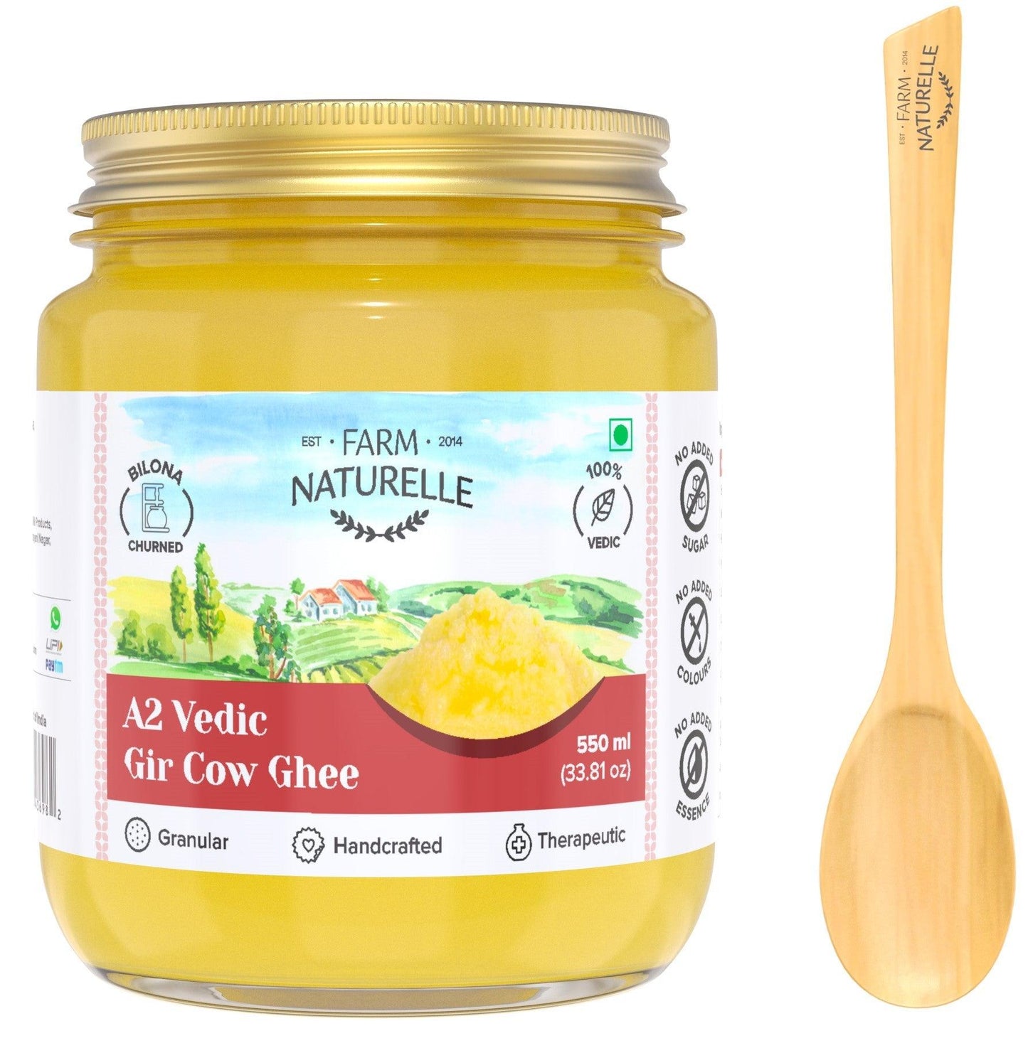 Duplicate of A2 Desi Cow Ghee from Grass Fed Gir Cows | Vedic Bilona Method-Curd Churned-Golden | Grainy & Aromatic, Keto Friendly | Non-GMO, and A Wooden Spoon - Farm Naturelle 