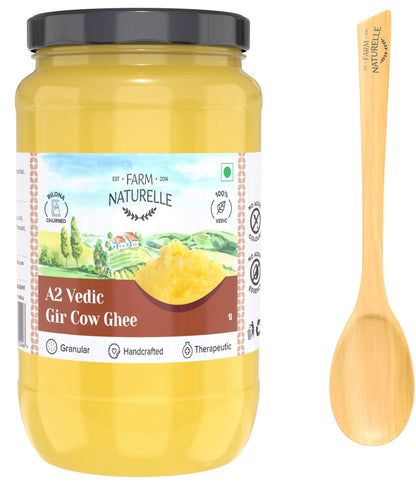 A2 Desi Cow Ghee from Grass Fed Gir Cows | Vedic Bilona Method-Curd Churned-Golden | Grainy & Aromatic, Keto Friendly | Non-GMO, and A Wooden Spoon - Farm Naturelle 