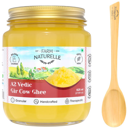 A2 Desi Cow Ghee from Grass Fed Gir Cows | Vedic Bilona Method-Curd Churned-Golden | Grainy & Aromatic, Keto Friendly | Non-GMO, and A Wooden Spoon - Farm Naturelle 