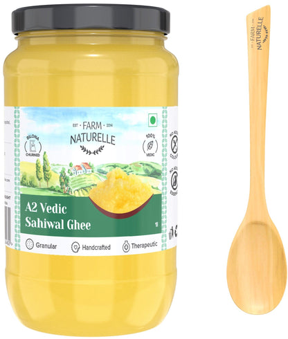 A2 Desi Ghee Cow from Grass Fed Sahiwal Cows | Vedic Bilona method-Curd Churned-Golden |Grainy & Aromatic, Keto Friendly, NON-GMO And A Wooden Spoon - Farm Naturelle 