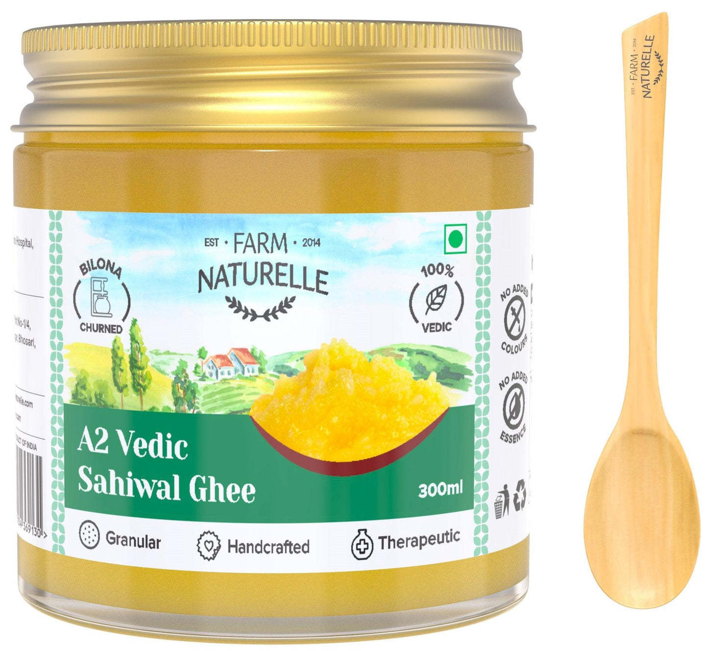 A2 Desi Ghee Cow from Grass Fed Sahiwal Cows | Vedic Bilona method-Curd Churned-Golden |Grainy & Aromatic, Keto Friendly, NON-GMO And A Wooden Spoon - Farm Naturelle 