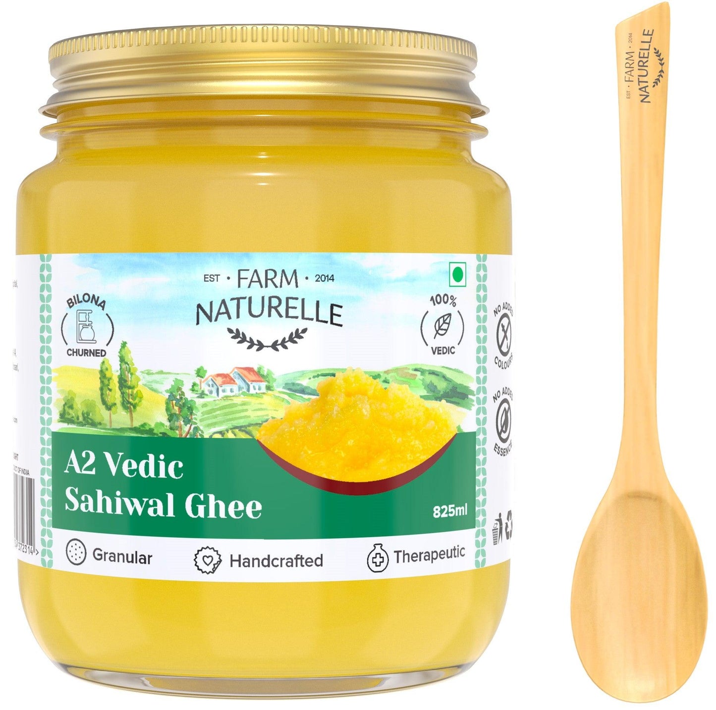 A2 Desi Ghee Cow from Grass Fed Sahiwal Cows | Vedic Bilona method-Curd Churned-Golden |Grainy & Aromatic, Keto Friendly, NON-GMO And A Wooden Spoon - Farm Naturelle 