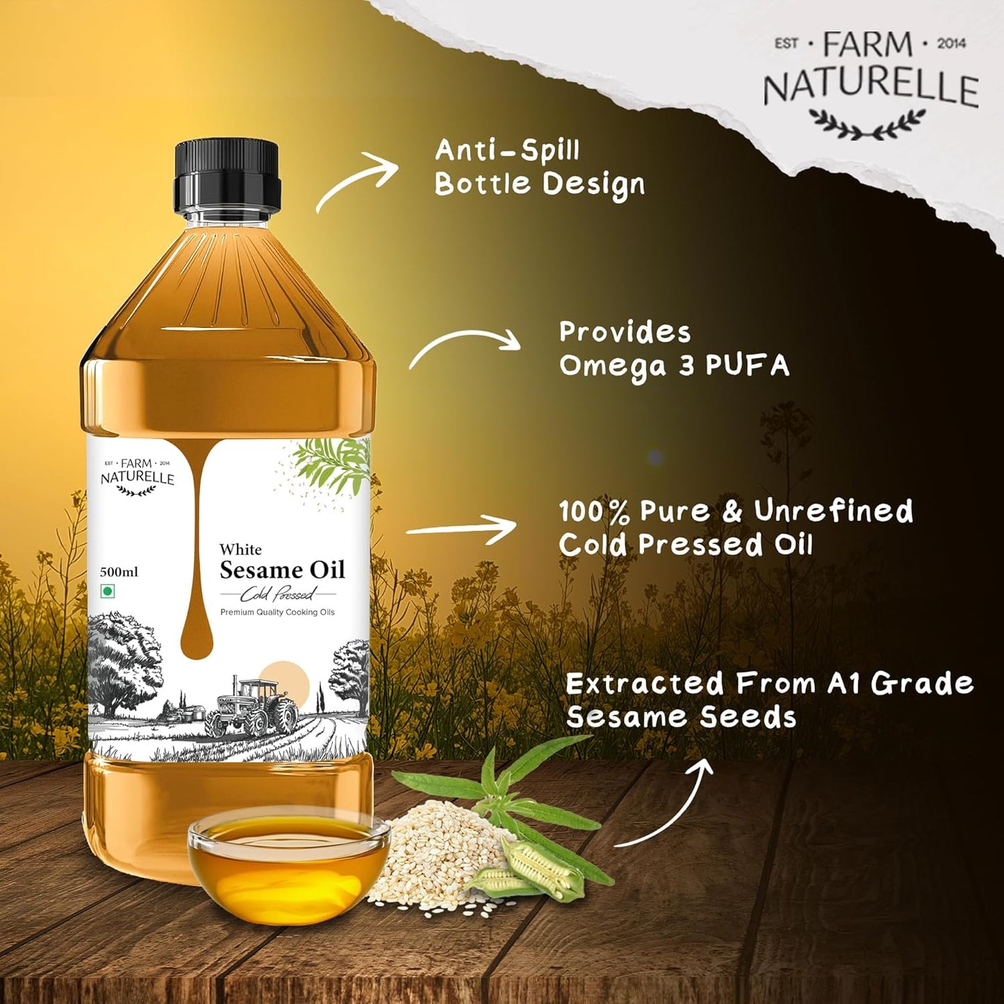 Farm Naturelle - Virgin Cold Pressed Sesame/Gingelly Oil | Virgin, Chekku/Ghani Cooking Oil